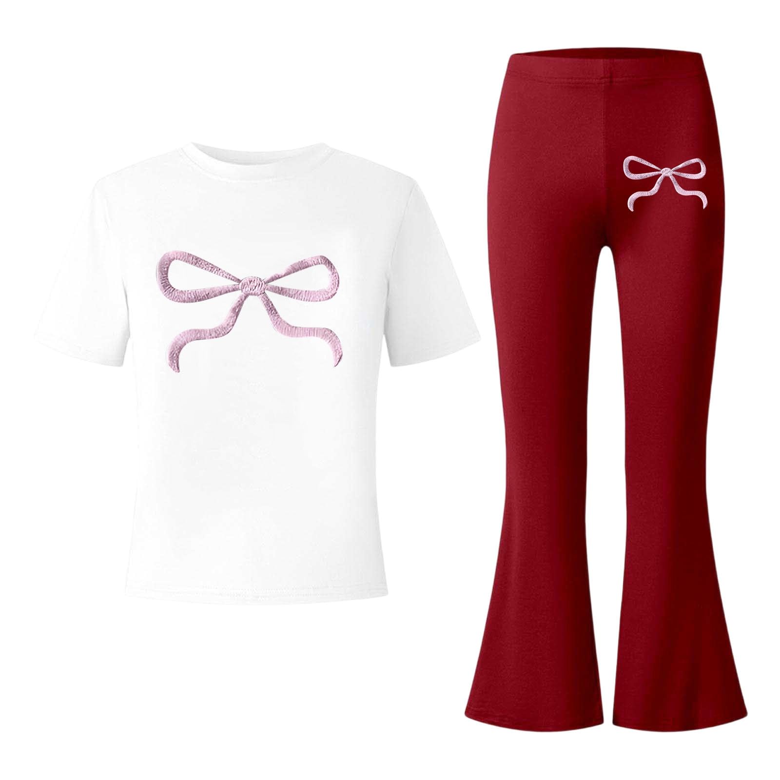 Ensemble Fille, Deux Pièces Décontracté Et Élégant Pour Filles, Avec Imprimé Nœud Et Pantalon Évasé. Confortable Pour Le Quotidien., Séchage Rapide