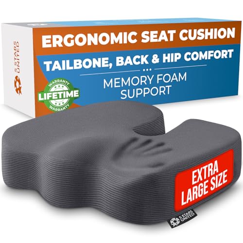 Image of 5 STARS UNITED Seat Cushion - Memory Foam Chair Cushion for Tailbone Pain Relief - Ergonomic Support for Coccyx, Sciatica & Butt - Office, Desk & Gaming Chair, Car Seat, Wheelchair, Airplane, D Gray