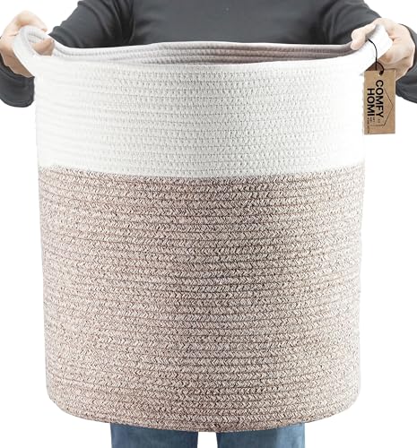 COMFY-HOMI XXL Large Laundry Basket with Handles Blanket Baskets Living Room|Woven Cotton Rope Decorative Basket Laundry Hamper Baby Basket Nursery Dog Toy Storage Organizer Bin-16”x18”-White Brown