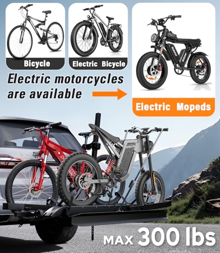 EBike Rack with Ramp for Tow Hitch with 300lbs Load Capacity, Car Bike Rack for Electric Mopeds, Fat Tire Mountain Bicycles, E Bike Carrier Raks for 2 Bikes, Fits SUV, Truck, RV, Van