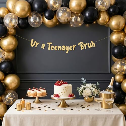 Image of Sterling James Co. Pre-Strung Ur a Teenager Bruh Gold Glitter Banner - Funny 13th Birthday Decorations for Teen Boys and Girls - Birthday Party Supplies and Gifts