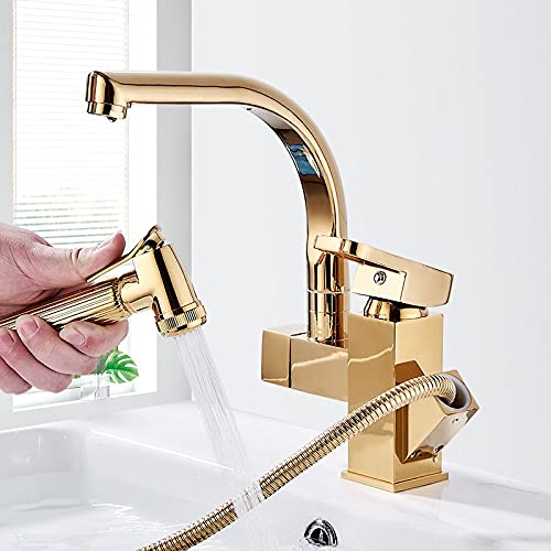 ZQFHSX Kitchen Sink Faucet for Bar Farmhouse Commercial, Gold Faucet, Stainless Steel Pull Out Faucets, Rotatable Mixer, Deck Mounted Water Taps(Gold)