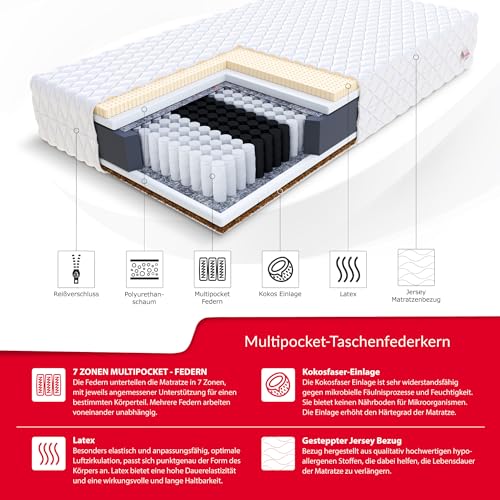 Fdm Forgia Materasso A Molle Insacchettate, 180 X 200 Cm, 7 Zone, Rivestimento In Cocco E Lattice, H3/H5, Medio, Molto Duro (70-130 Kg), Altezza 20 Cm, Lavabile E Anallergico - 2