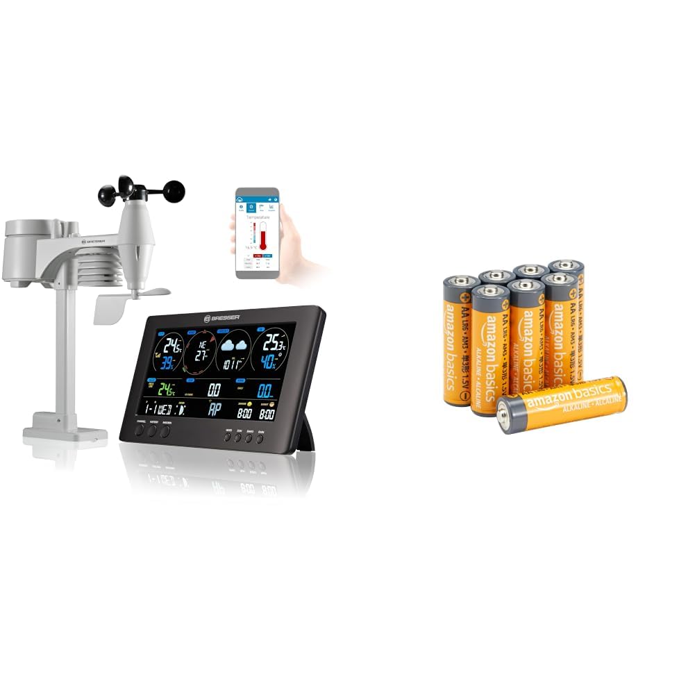 Bresser Stazione meteo wireless con sensore da esterno, stazione meteo ClearView con WLAN, per rilevazione velocità del vento, umidità, temperatura + Amazon basics confezione da 8 AA