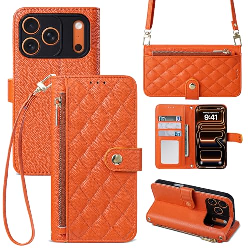 aidvaia Women Wallet Phone Case Compatible with iPhone 17 Pro Max, PU Leather Phone Case Flip Cover Wrist Strap Zipper Credit Card Holder Slots, Orange.