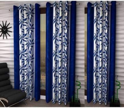 Set of 3 Piece (5FT Blue Colour) Floral Eyelet Polyester Curtains for Long Door, Door and Window-image-20