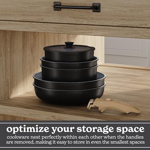 Image of Country Kitchen Cookware Set with Removable Handle, Oven & RV Safe Pots and Pans Set, Black /Grey Wood Handle, Original