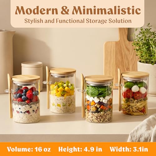 Image of EDELHAUS Overnight Oats Containers with Lids - Glass Mason Jars, Meal Prep | Bamboo Wood, Airtight Silicone Seal Set of 4 - Includes Spoons, 40 Labels for Chia Pudding, Yogurt, Cereal, Oatmeal