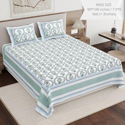 Image of Living Roots Ethnic Jaipur Block Print Double Cotton Bedsheet & 2 Pillow Covers, for Mattress Upto 6 inches Thick, No Colour Bleeding, Blue Colour, King Size 90 * 108 inches, 120TC (604-A)