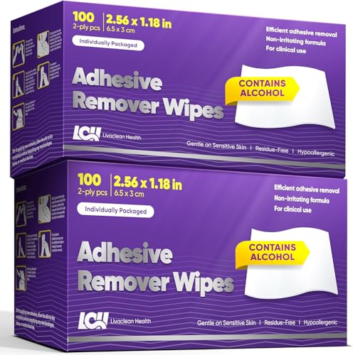 200 CT (2 Pack) Adhesive Remover Wipes – Sting-Free Skin Adhesive Remover for Sensitive Skin – 2 Ply 2.56x1.18in (6.5x3cm) – Medical Adhesive Remover for Bandage, Tape, Dressings, and Ostomy Residue