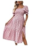 MakeMeChic Women's Maternity Dress Ditsy Floral Print Shirred Square Neck Puff Sleeve Slit Hem Pregnancy Midi Dress Pink Large