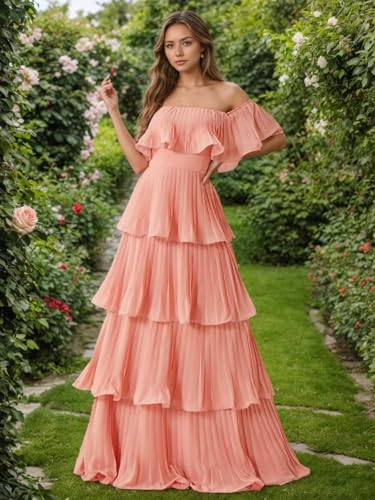 Chiffon Off Shoulder Bridesmaid Dresses 2025 Pleated Tiered Dress for Women Wedding Guest Prom Dress with Ruffle2
