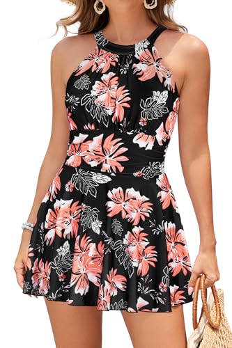 Womens Elegant One Piece Swimdress High Neck Swim Dress Ruched Swim Skirt4