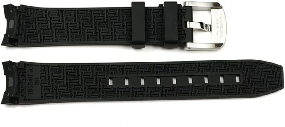 Артқа view of the Tissot PRC 200 19mm black rubber watch band, showing the textured inner surface and the Tissot branded buckle.