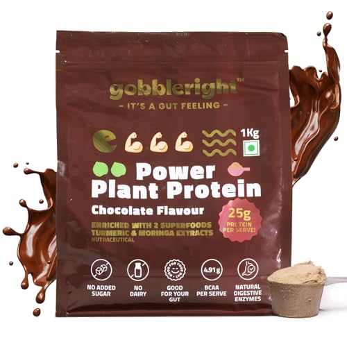 Image of GOBBLERIGHT Plant Based Protein Powder Chocolate Flavour 1kg | No Added Sugar | Isolate & Concentrate Pea Rice Protein - Turmeric & Moringa | 4.91g BCAA | No Bloat & Gut Friendly | Vegan & Gluten Free