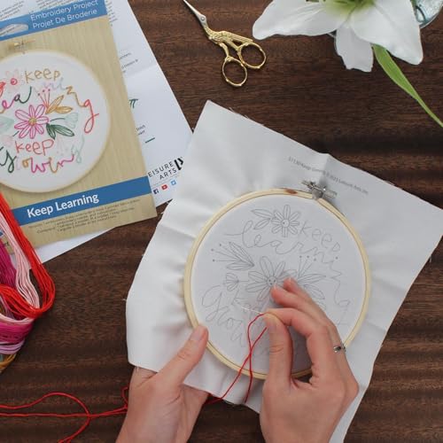 Image of LEISURE ARTS Embroidery Kit 6 inch Keep Learning - Embroidery Kit for Beginners and Adults, Cross Stitch Kits with Patterns, DIY Starter Set for Seasonal Craft Projects