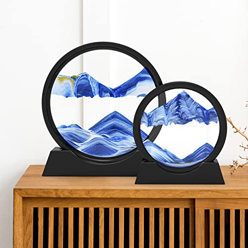 Image of Wai Danie Moving Sand Art Picture 3D Hourglass Deep Sea Sandscape Liquid Motion Display Painting Flowing Sand Frame Relaxing Desktop Home Office Work Decor (Blue, 12 Inches)