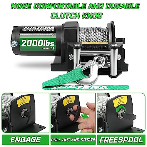 Image of 2000lb Winch for ATV, with Steel Cable,ATV Winch with Wired Manual Remote Control Switch,IP65 Waterproof,with Mounting Plate,with Roller Fairlead&Hook