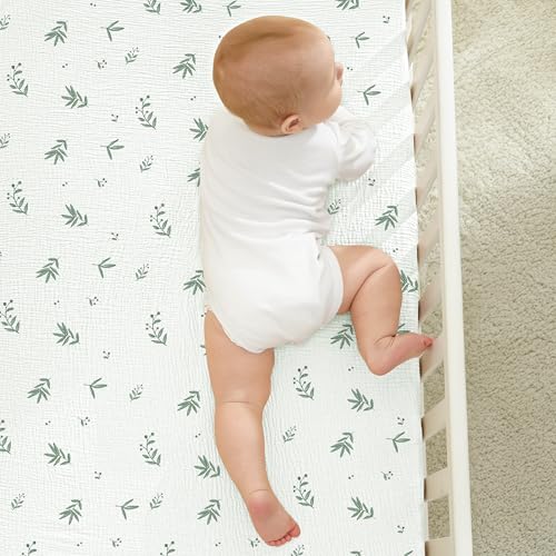 Image of Bearmoss Muslin Mini Crib Sheets for Pack N Play Mattress - 100% Cotton - 38 inchx26 inch Soft Breathable Playard Baby Crib Sheets Neutral for Boys Girls - 2 Pack (Bamboo)