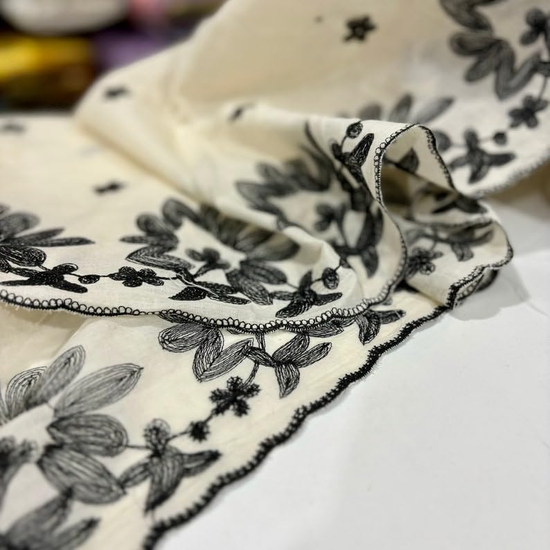 Flower Embroidered 100% Cotton Voile Fabric, Embroidered Fabric by The Yard, Ribbon Embroidered(1.53 Yards -55 inch Width)