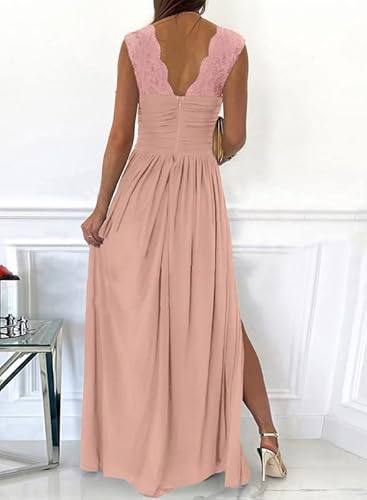 Dokotoo Womens Ladies Elegant Floor Length A Line Wrap Deep V Neck Backless Ruched Pleated Ruffled Split Long Maxi Formal Evening Party Prom Dress Bridesmaid Wedding Guest Dresses For Women Pink L #TOP1