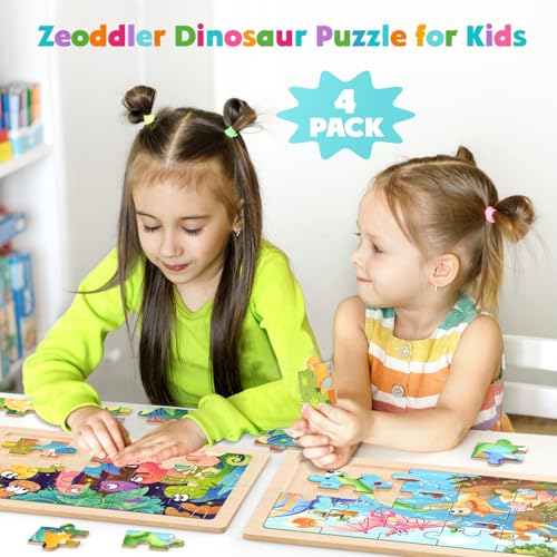 Image of Zeoddler Wooden Puzzles for Kids 3-5, 4 Pack Dinosaur Jigsaw Puzzles for Toddlers, 20 Pieces Preschool Learning Activities, Learning & Educational Puzzles, Gift for Boys, Girls