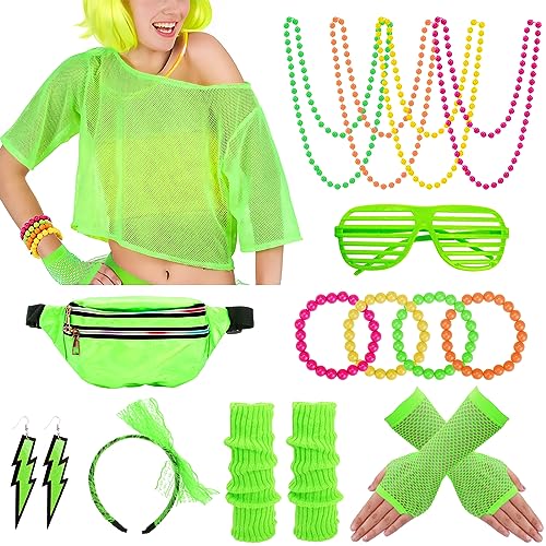Aottom Disfraz de los Años 80 Accesorios para Mujer Top de Rejilla Color Verde Neón, Juego de Años 80 Mujer Accesorios para Años 80 Disfraces Fiestas Neon Gimnasio, Tenis, Deportes, Correr