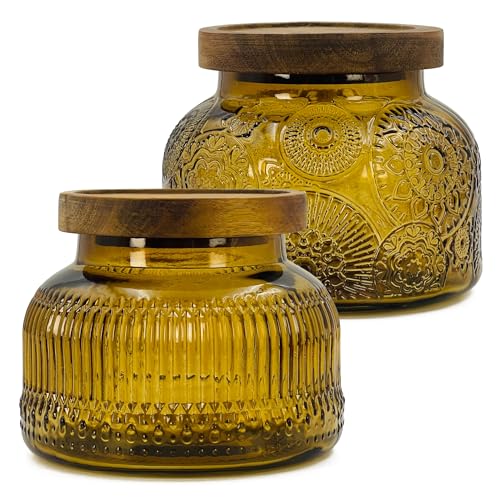 Decorative Amber Glass Jar with Airtight Wooden Lid 25.4 oz 2 pc, Wide Mouth Vintage Kitchen Food Storage Containers for Cookie Candy Honey Flour Spice Coffee Tea, Home Decor Sand Candle Holder Vase
