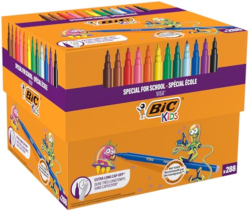 BIC Kids Visa Feutres de Coloriage à Pointe Fine, Lavables, Encre à base d'eau - Couleurs Assorties, Classpack de 288