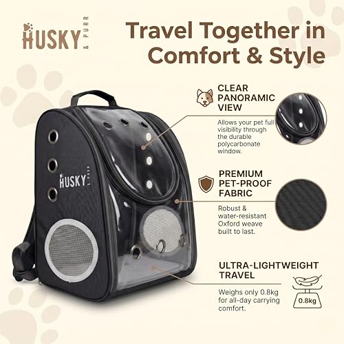 Image of Husky & Purr Cat Bag Carrier Backpack, Black | Collapsible Breathable Pet Carrier Backpack | Anti-Scratch Transparent Cat Carrier Bag for Travel, Up to 7kgs