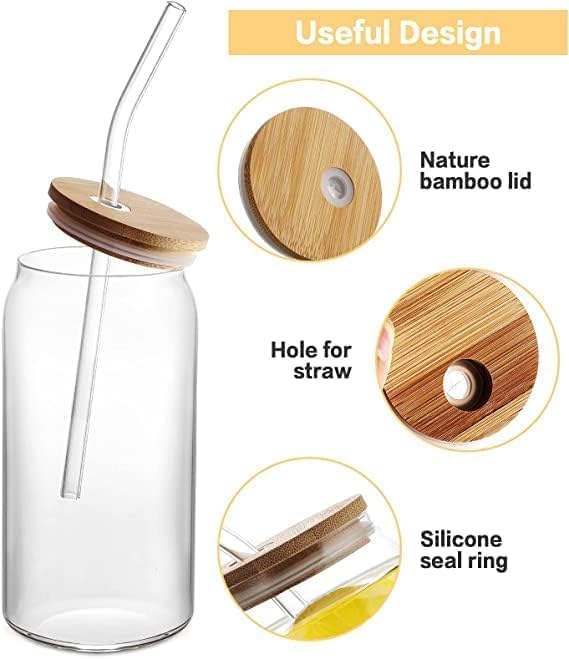 VAGHASIYA Can Shape Drinking Glass Jars with Airtight Wooden Lid & Straw for Milk/Coffee/Smoothies/Iced Green Tea Transparent Soda Beer Can Shape Mason Sipper(Pack of 1) 4