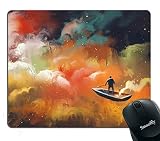 Smooffly Fantasy Art Custom Mouse Pads, Man on a Boat Floating Nebula Cloud in Colorful Psychedelic