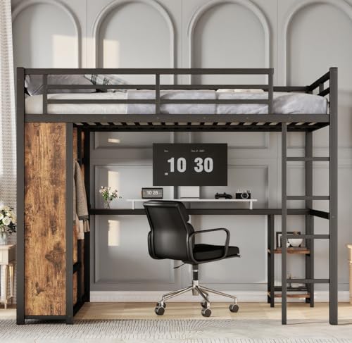 Image of Bellemave Queen Size Loft Bed with Desk and Wardrobe, Metal Queen Loft Bed Frame for Adults, Kids, Teens, Black and Woodgrain