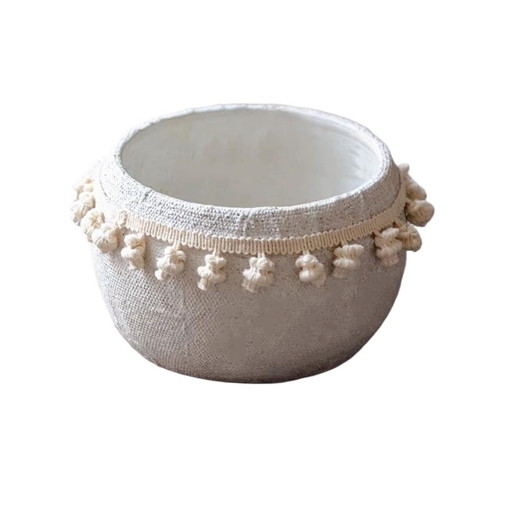 SDA287MZ White Round Weave Pattern with Fringe Plant Pot with Drainage Hole Desktop Cement Flower for Balcony Living Room Kitchen Container (2 Sizes) Multifunction(Large)
