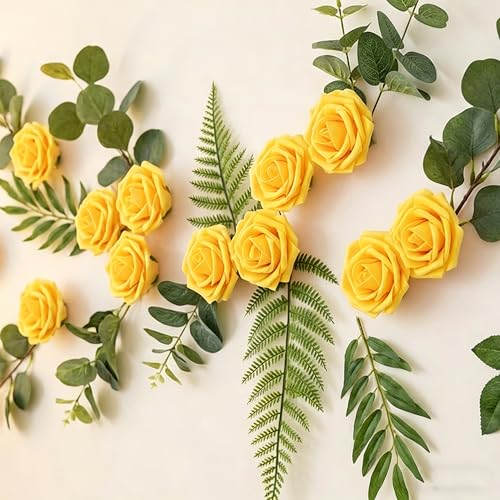 Image of 100Pcs Realistic Yellow Artificial Rose Flower Heads, Fake Yellow Foam Roses for DIY Wedding Decorations Baby Shower Centerpieces Home Party Valentine's Day Mother's Day Decor