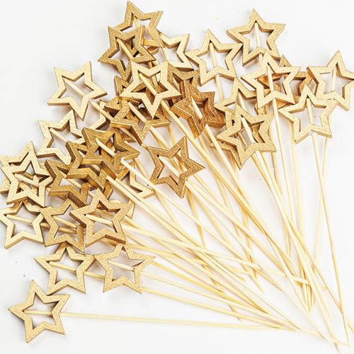 Palillos de Cóctel,50 PCS Estrella Dorada Palillos de Bambú Reutilizables 13 cm Largo Decorativos para Aperitivos Charcutería, Fiestas Navideñas Canapés y Bodas
