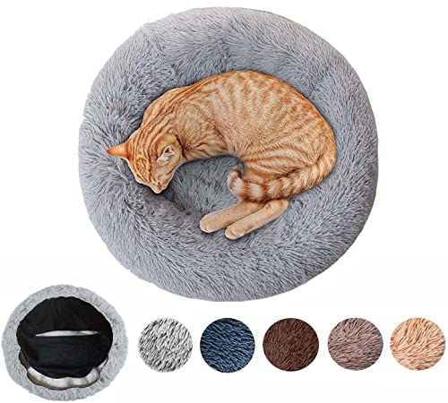 LingHan Panier pour Chien Anti Stress Moelleux, Coussin Dehoussable Lavable Rond Doux Peluche Canapé, Paniers Et Mobilier Confortable pour Chiens Chat,Gris Clair,S-60cm Cover