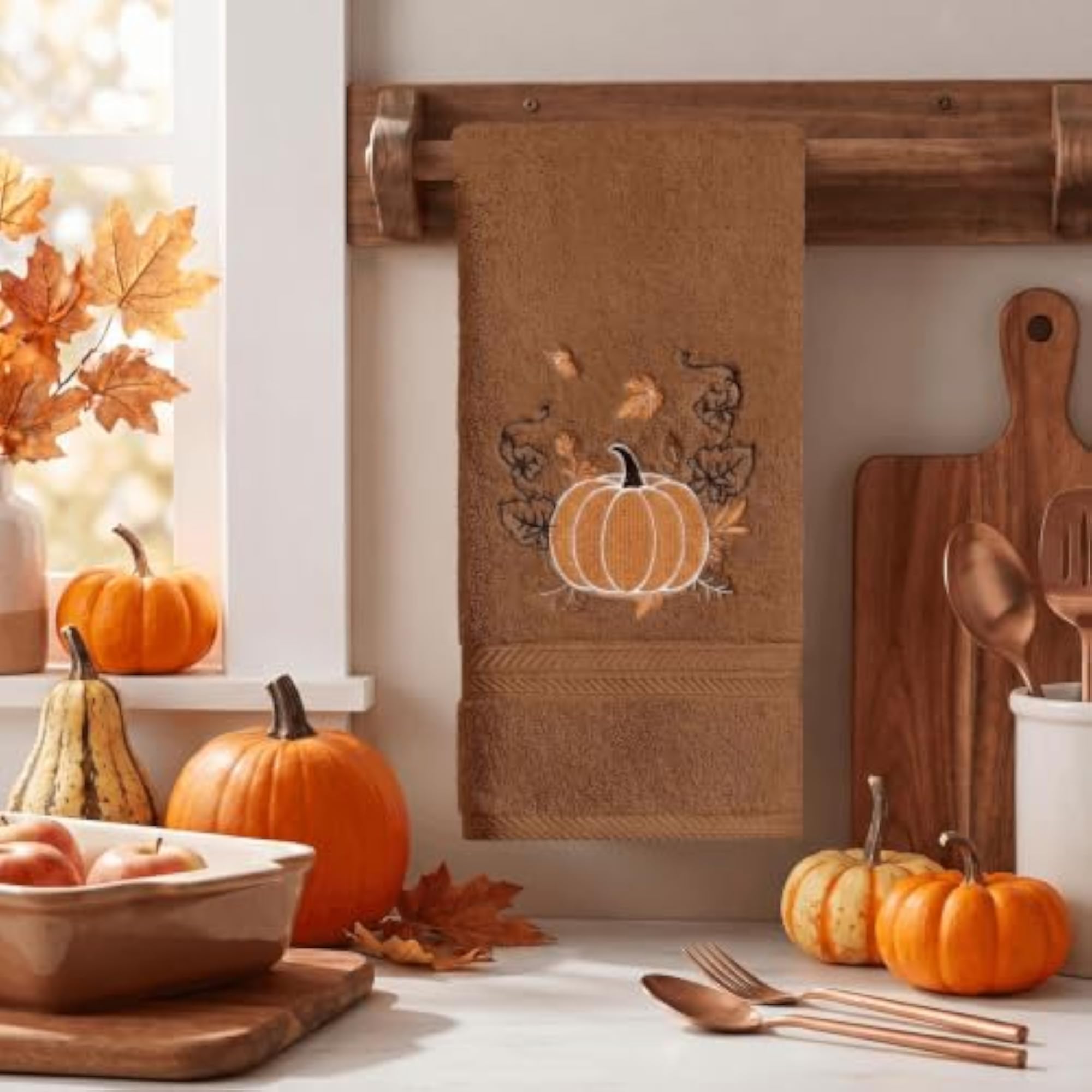 Caramel Pumpkin Embroidered Hand Towels, Fall Decor