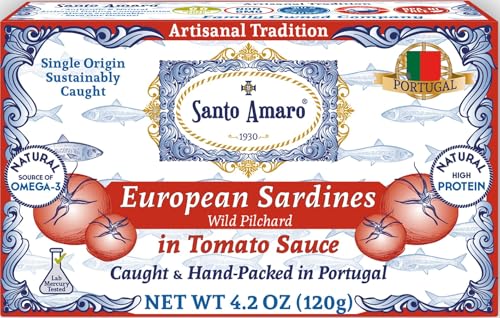 Santo Amaro - Authentic European Sardines in Tomato Sauce from Puree, Hand-packed Canned Sardines in Tomato Sauce from Portugal, Wild Caught Portuguese Sardines, 23g Protein, Paleo, Dash, Pack of 12