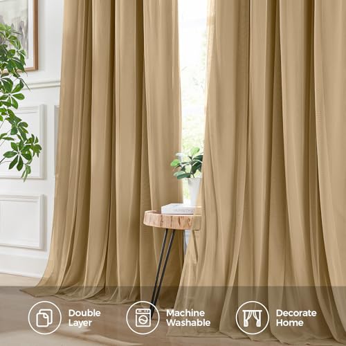 Image of 100% Blackout Curtains for Bedroom, Double Layer Khaki Curtains, Black Out Curtain 84 inch Long with Sheer Overlay for Living Room, Room Darkening Window Drapes with Grommet, 52 inch W x 84 inch L