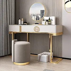 Vandana Interiors Minimalist Rectangle White & Gray Makeup Vanity Set of 3 with Drawers