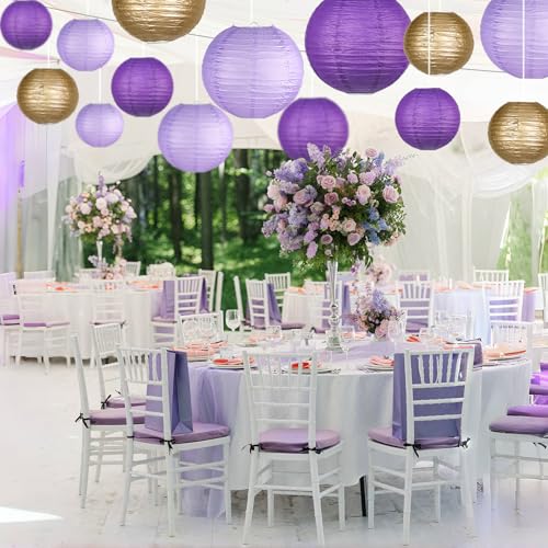 Image of 15-Pack Purple Gold Paper Lanterns, Rapunzel Birthday Decorations | 6, 8 & 10-Inch Round Hanging Set with Wire Frames for Baby Showers, Weddings, Graduations, Mermaid Themes & Ceiling Displays