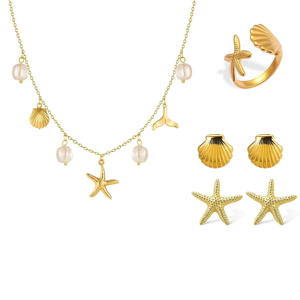 Venxen 6 Pcs Seashell Starfish Jewelry Set Seashell Stud Earrings Rings Boho 14K Gold Plated Charm Choker Necklace Summer Beach Jewelry Set for Women