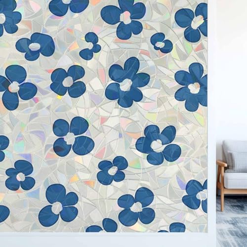 Película decorativa para ventana azul floral, 17.7 x 39.3 pulg miniatura 3
