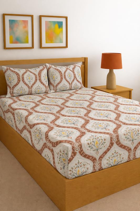 Image of Ethnic Beige Fitted Sheet Jaipuri Style Print Glace Cotton 140 TC Double Size (48x75 inch) with 2 Pillow Covers (18x28 inch) Deep Pocket up to 10 Inches - Soft & Comfortable