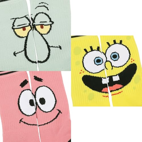 Bioworld Spongebob Squarepants Big Face Spongebob, Patrick and Squidward Mens Athletic Crew Socks 3 Pack4