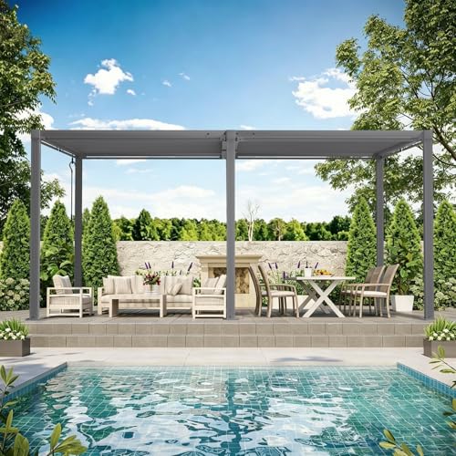 SAILARY Louvered Pergola 12' x 16', Outdoor Aluminum Pergola with Reinforced Steel Roof, Heavy-Duty Hardtop Gazebo for Backyard Deck, Weatherproof Sun Shade Shelter, Grey