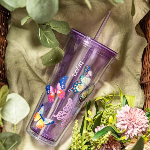 bzyoo 24oz Plastic Tumbler Cup, Lid & Straw, Iced Coffee, Purple Butterfly by bzyoo - Used condition - Image 8