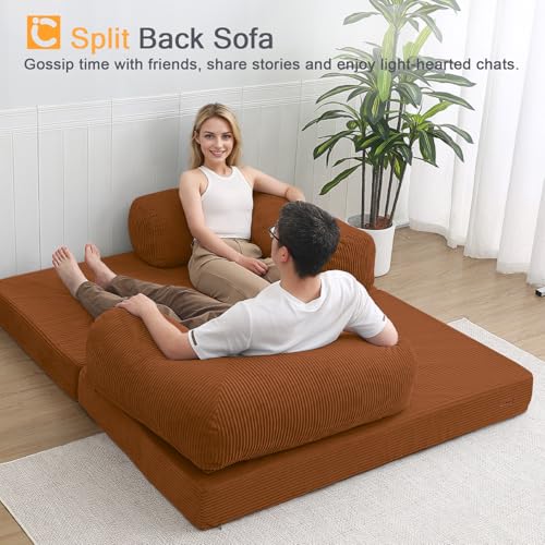 COMAX Futon Sofa Bed, 4-in-1 Floor Foldable Sofa Couch Bed Queen with L-Shaped Armrests, Convertible Folding Chair Bed Corduroy Sleeper Mattress Fold Out Comfy Lounge for Living Room, Orange