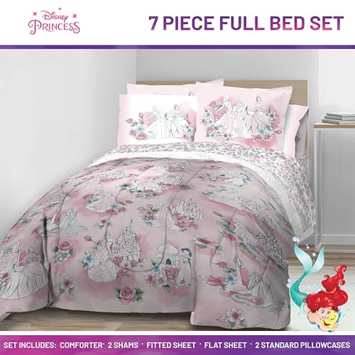 Image of Disney Princess Full Size Comforter Set 7 Piece Floral Bedding, Pink